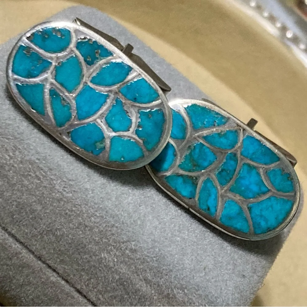 VINTAGE NATIVE AMERICAN ZUNI TURQUOISE INLAY STERLING SILVER CUFFLINKS